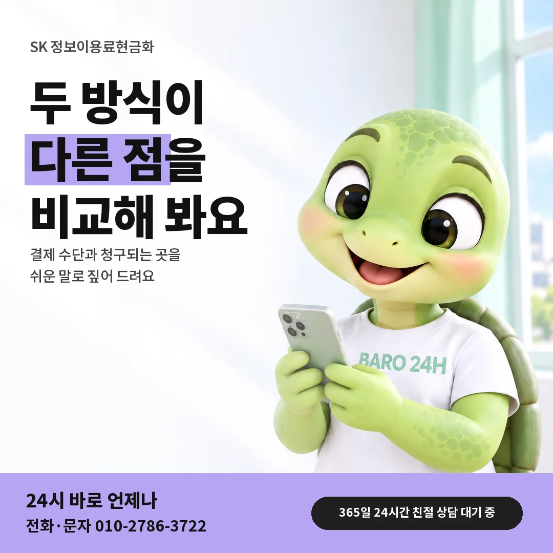 BARO 24H 티셔츠를 입은 3D 거북이 캐릭터 옆에 「SK 카드깡 차이 다시 묻기」 제목을 얹은 안내 카드
