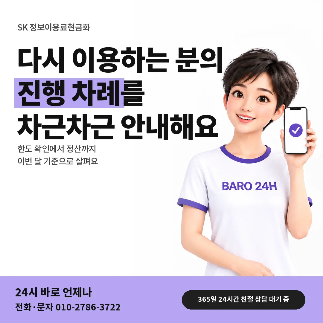 BARO 24H 티셔츠를 입은 3D 인물 옆에 「SK 정보이용료현금화」 제목을 얹은 안내 카드